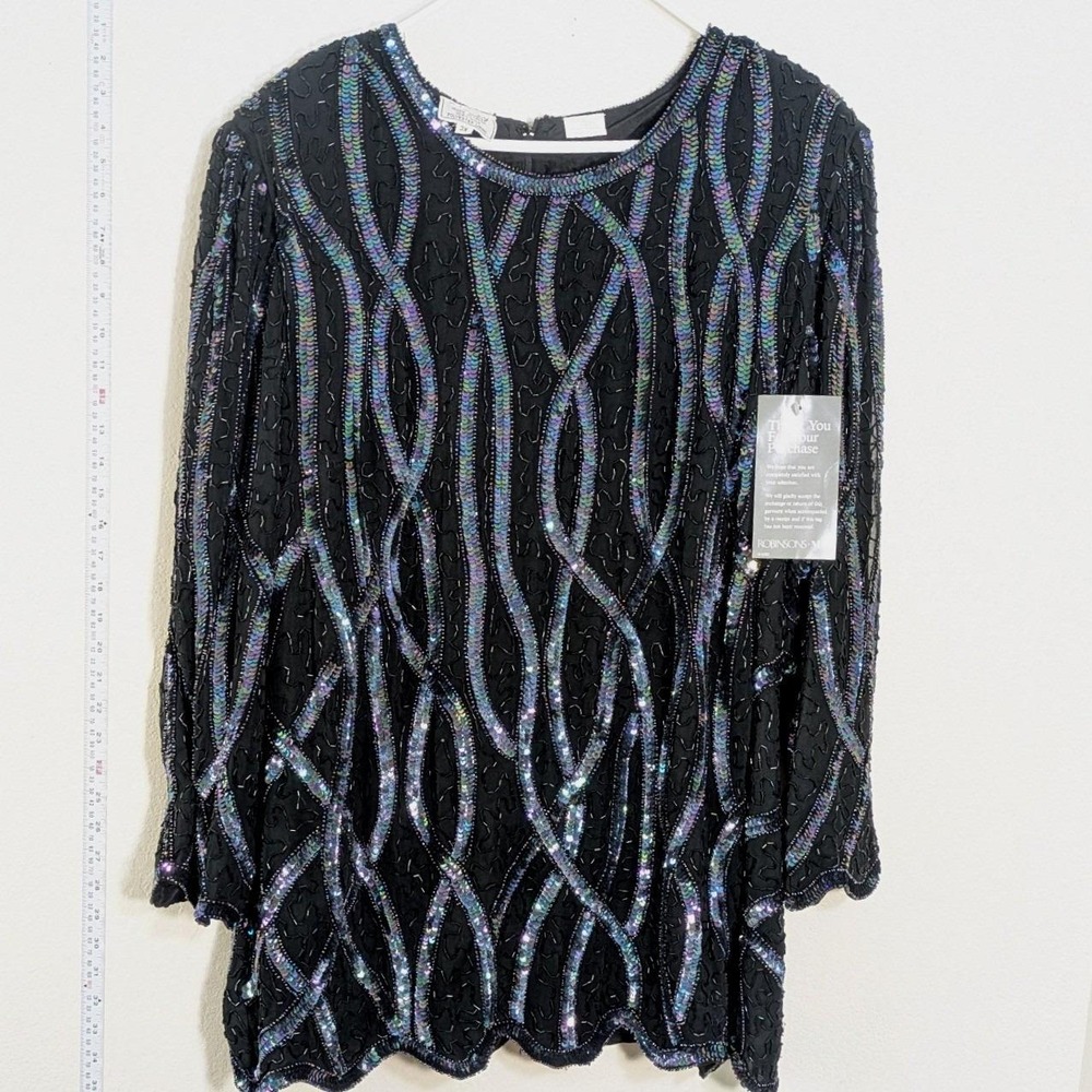 Vintage NWT Deadstock Stenay Plus Black Silk Tunic Oil Slick Beading 3X